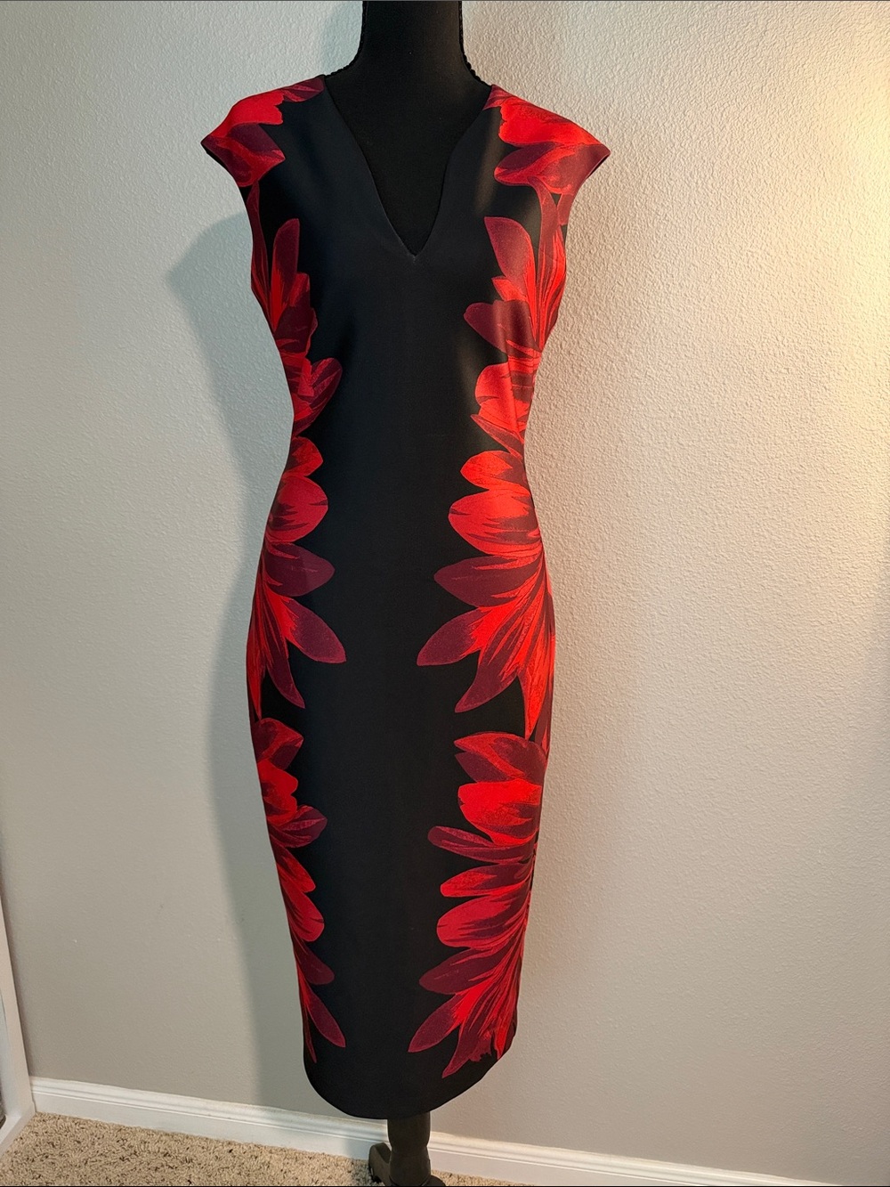 New York & Company Black Midi Dress with Red Floral Panels